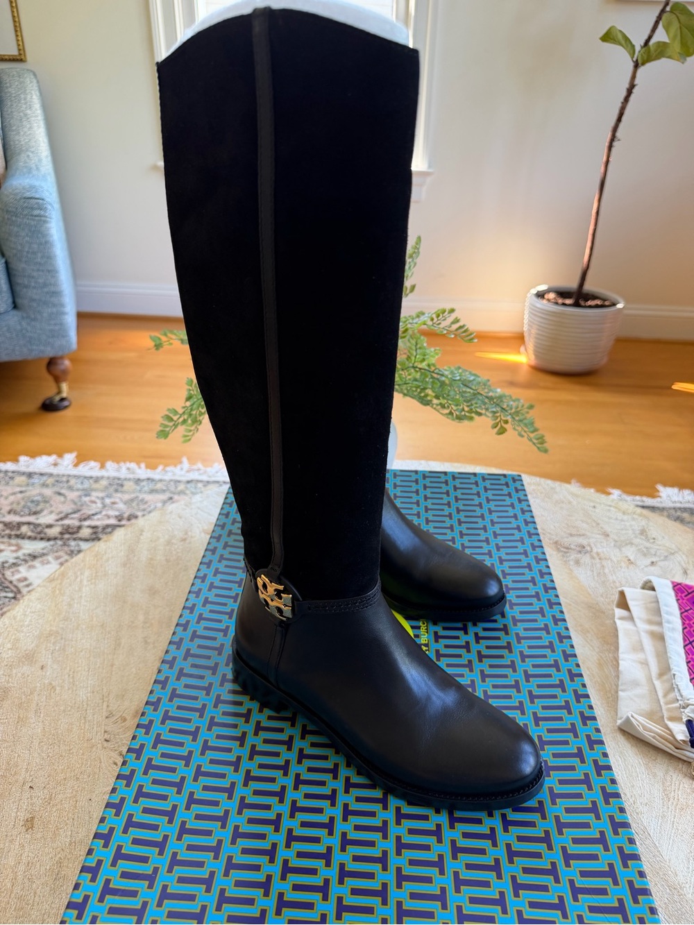 Tory Burch Miller 25mm Black Leather and Suede Knee Boots with Gold Logo